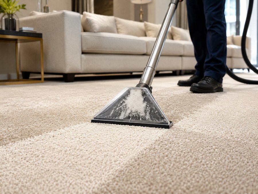 Professional carpet steam cleaning wand in action on a clean carpet, MyKleaner